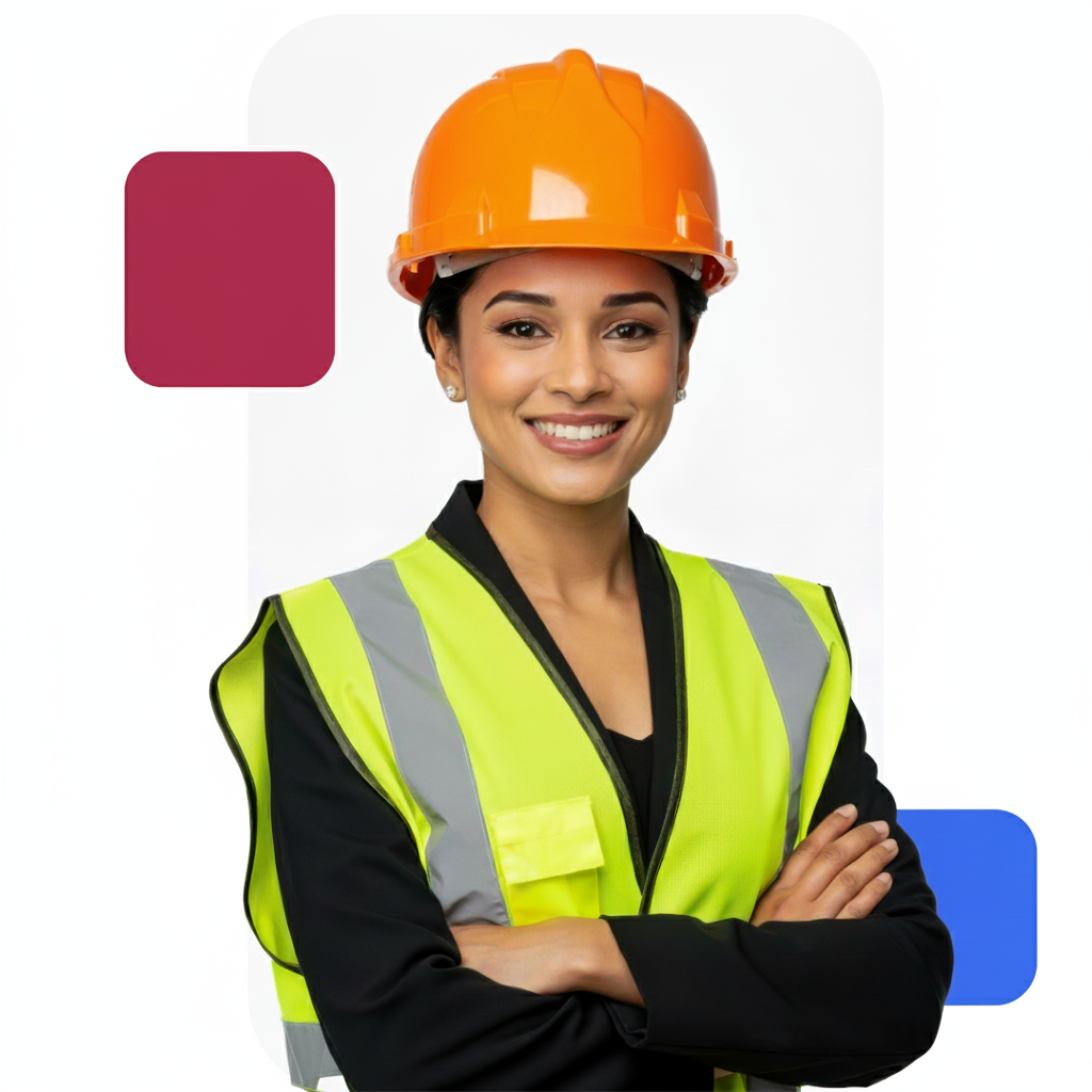 femme ouvrière portant un casque orange et un gilet jaune
